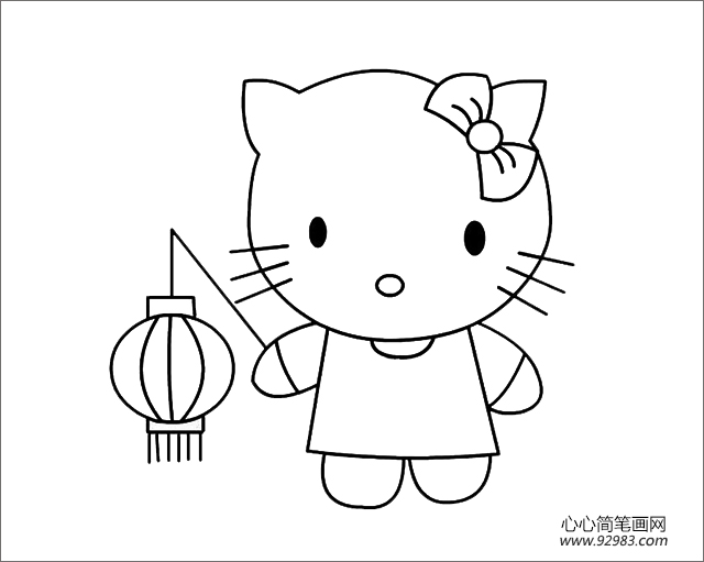 Hello Kitty猫挑灯笼简笔画