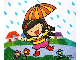 小女孩撑伞不怕雨儿童画