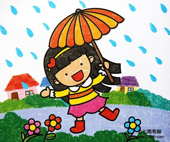 小女孩撑伞不怕雨儿童画