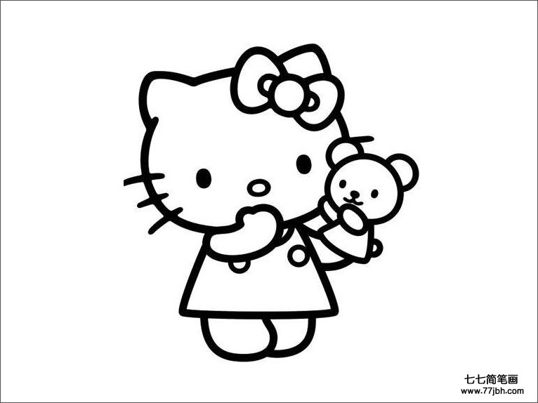 Hello kitty抱小熊简笔画